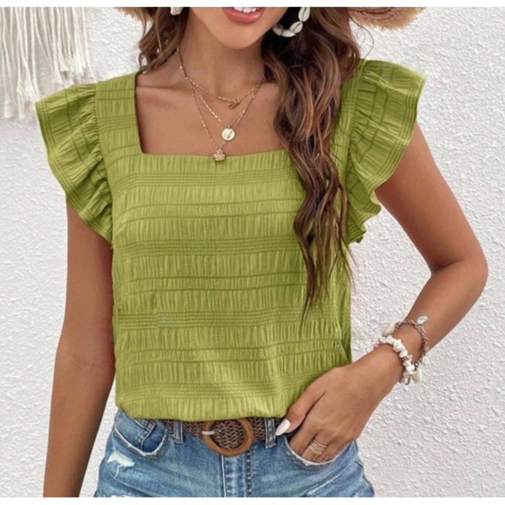 Square Neck Ruffle Short Sleeve Blouse Green Women's XS / 2 Coquette Cottagecore